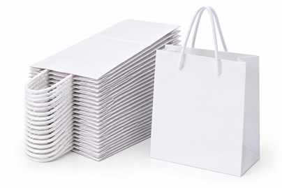 50 eleganckich białych toreb prezentowych kraft 140 × 51 × 153 mm z papieru 200 gsm, z gładką powierzchnią do personalizacji i wymiennymi uchwytami