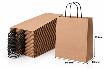 50 miedzianych torebek prezentowych o wymiarach 340 × 140 × 395 mm, wykonanych z papieru o gramaturze 100 g/m², ze skręcanymi uchwytami papierowymi t