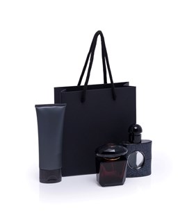 50 eleganckich czarnych toreb prezentowych kraft 140 × 51 × 153 mm z papieru 200 gsm, o wadze 22 g na sztukę, z wymiennymi uchwytami i możliwością zdo