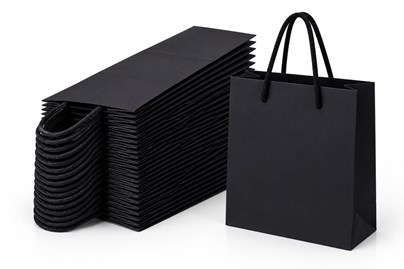 100 eleganckich czarnych toreb prezentowych kraft 140 × 51 × 153 mm z papieru 200 gsm, o wadze 22 g na sztukę, z wymiennymi uchwytami i możliwością zd