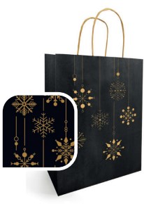 Czarna torba papierowa Kraft świąteczna ze wzorem śnieżek 230x120x300mm