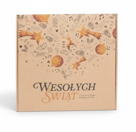 Kraftowy karton fasonowy z geometrycznym nadrukiem i napisem świątecznym.