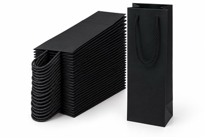 100 eleganckich czarnych toreb prezentowych na pojedynczą butelkę wina lub szampana, format 115 × 90 × 355 mm, papier kartonowy 210 g/m², matowe wykoń