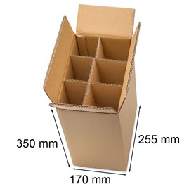Brązowy karton klapowy 5W z kratownicą na 6 butelek, rozmiar 255x170x350mm