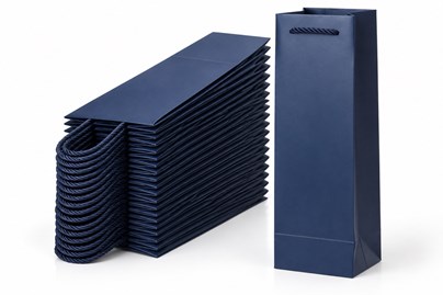 25 eleganckich granatowych toreb prezentowych na pojedynczą butelkę wina lub szampana, format 115 × 90 × 355 mm, papier kartonowy 210 g/m², matowe wyk
