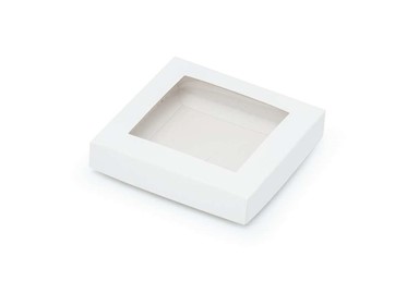 Pudełko ozdobne białe z przezroczystym oknem, karton wykrojnikowy 105x105x20mm