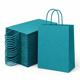 25 zielononiebieskich toreb papierowych 230 × 120 × 300 mm 90 g/m² z uchwytem skręcanym typu kraft