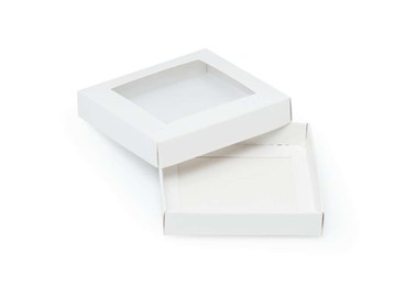 Pudełko ozdobne białe z przezroczystym oknem, karton wykrojnikowy 105x105x20mm