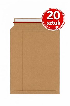 Brązowa koperta kartonowa B4 250×353 mm, 500 g/m². Sztywna, samoprzylepna ze zrywką. Zestaw 20 sztuk.