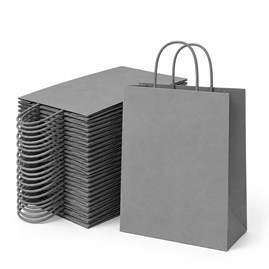 50 srebrnych toreb papierowych 230 × 120 × 300 mm z uchwytem skręcanym typu kraft, gramatura 90 g/m²