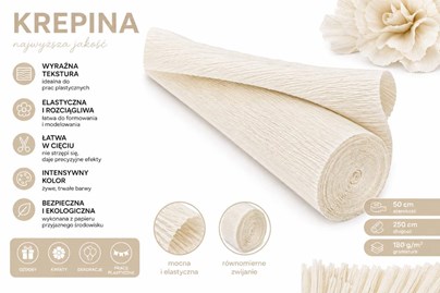 Biała krepina włoska 180g 50x250cm, gruba bibuła dekoracyjna do papierowych kwiatów