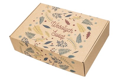 Karton fasonowy szary z nadrukiem MIX Świąteczny i napisem Wesołych Świąt, 250x200x50 mm.