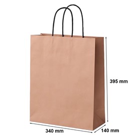 50 miedzianych torebek prezentowych o wymiarach 340 × 140 × 395 mm, wykonanych z papieru o gramaturze 100 g/m², ze skręcanymi uchwytami papierowymi t