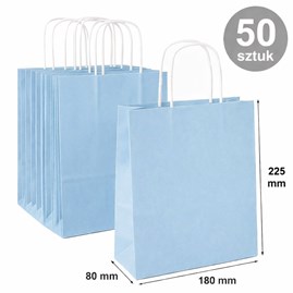 Torba papierowa w pastelowym niebieskim kolorze kraft 180x80x225mm z uchwytem skręcanym, 50szt