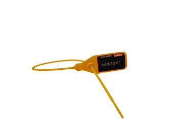 Żółta plomba plastikowa zabezpieczająca Unix L 385mm z metalowym oczkiem, komplet 10szt