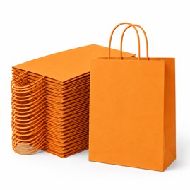 10 pomarańczowych torebek papierowych 230 × 120 × 300 mm 90 g/m² z uchwytem skręcanym i dnem klockowym
