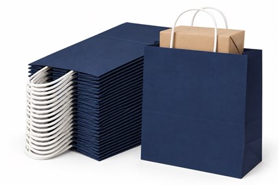 50 granatowych torebek papierowych prezentowych ECOBAG o wymiarach 305 × 170 × 340 mm i pojemności 17,5 l, z uchwytami ze sznurka papierowego oraz pra